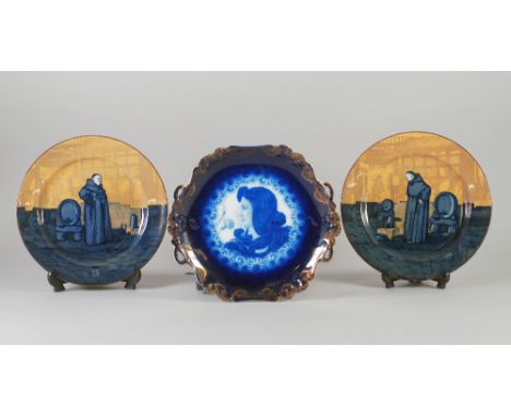 PAIR OF DOULTON MONK IN THE CELLAR SERIES WARE POTTERY PLATES, (D2385), 10 1/4" (26cm) diameter, TOGETHER WITH A BAVARIAN TWO