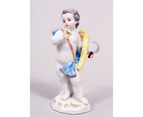 "Sommer", Entwurf Johann Joachim Kaendler, Meissen, 20.Jh. Porzellan, polychrom bemalt, auf Natursockel, stehende Amorette in