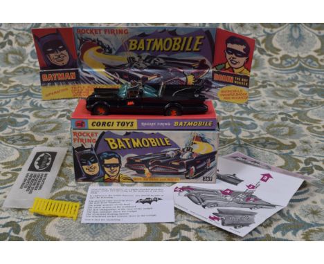 Corgi Toys 267 Rocket Firing Batmobile, black body with black and red Bat decals to side doors, red interior with seated plas