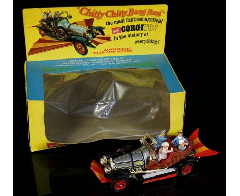 Corgi Toys 266 Chitty Chitty Bang Bang car, chrome body with decals and retractable red and orange plastic wings, seated plas