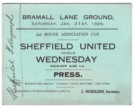 Sport, Football - a press ticket for the Football Association Cup Competition 2nd Round Tie match, Sheffield United (The Blad