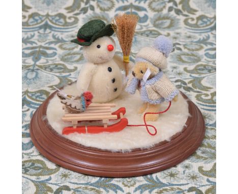Steiff (Germany) EAN 038273 Winter diorama, comprising a miniature teddy bear with sledge, a Bird and a snowman, each with tr