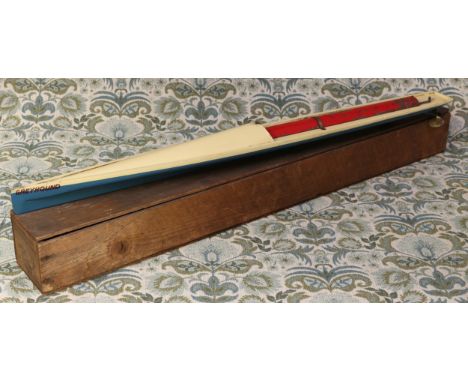 A Bowman Models (Dereham, Norfolk) 'Greyhound' speedboat, wood and metal construction, painted in cream, red and light blue w