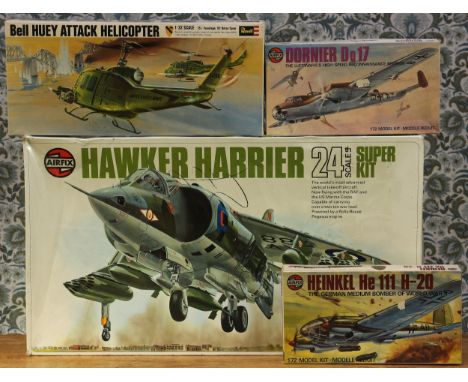 Airfix 09601-4 Hawker Harrier 24th scale super kit, series 18 construction kit, boxed; Airfix 04004-4 1:72 scale Heinkel He 1