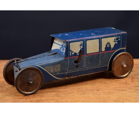 A 1920's/1930's spring driven tinplate car, lithographed printed detail with a seated driver figure and passenger figures to 