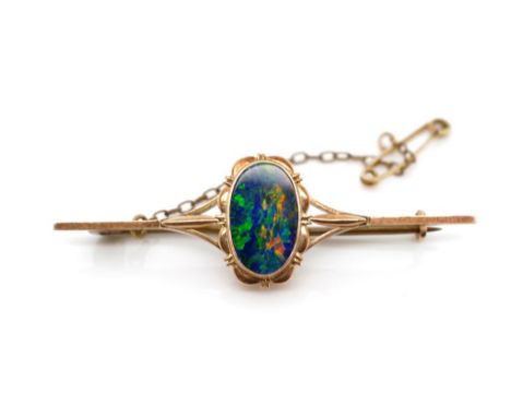 Australian Arts &amp; Crafts 9ct rose gold brooch set with an opal triplet. By J. Lawerence Melbourne Marked 9ct makers mark 