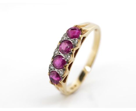 Ruby, diamond and 9ct yellow gold ring marked 375 Solar. approx weight 2 grams, ring size O