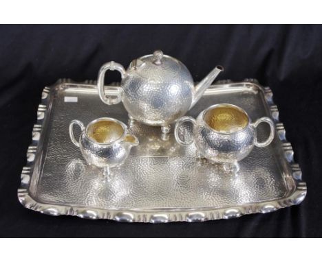 William Hutton Birmingham silver plate teaset Christopher Dresser style, beaten silver decoration, including teapot, sugar bo