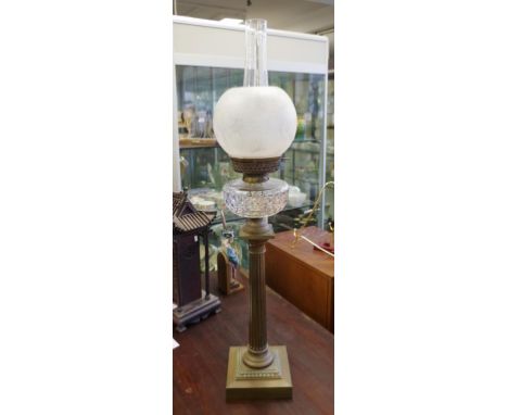 Good Victorian banquet lamp with brass corinthium column base, cut glass reserve and frosted glass shade.