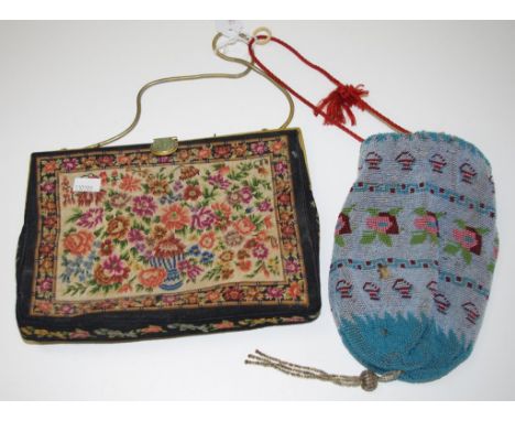 Vintage petit point and jade clasp evening bag together with a  Victorian beaded evening bag (as inspected)