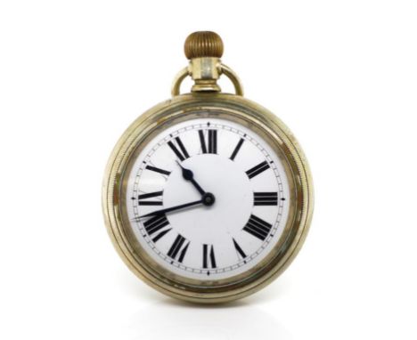 Open face rail masters pocket watch with blued hands, enamel roman numeral dial and base metal case. Stem wind mechanical mov