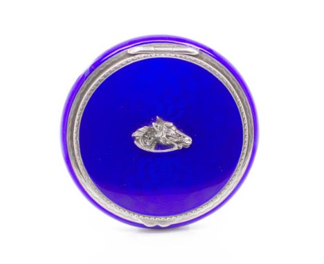 Sterling silver and enamel compact with horse head figure to lid, stamped 925, 6cm diameter, enamel loss to top left side edg