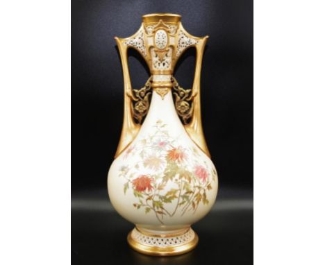 Large Victorian Royal Worcester vase hand painted floral decoration, pierced decoration to top and base, decorative dual hand