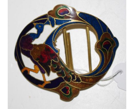 Art Nouveau brass and enamel buckle decorated with a peacock, width 8cm approx