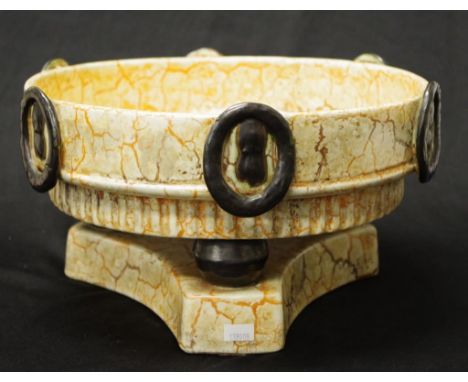 Art Deco Czech ceramic centrepiece bowl amber coloured glaze  with applied ring decoration, on tri-footed base, unmarked, (he