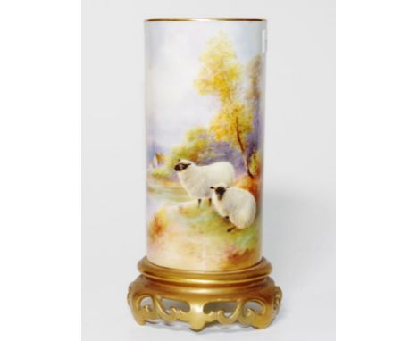 Royal Worcester Harry Davis signed vase hand painted scene of sheep by a stream, signed H. Davis, gilded pierced base, signed