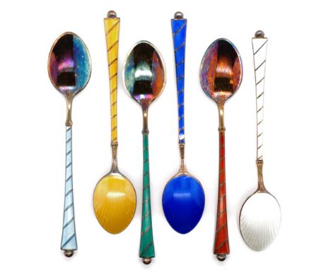 Six Danish silver and enamel demitasse spoons marked ELA Denmark Sterling. Approx weight 36 grams