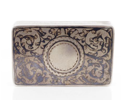 19th C. Russian silver niello snuff box marked from 1861 standard 84 mark, St Petersburg, makers mark EC. Depicting town scen