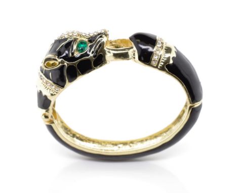 Crystal set enamel and gilt metal panther bangle with a spring hinge. Approx width 62mm closed