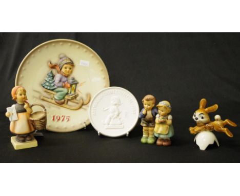 Three various Goebel Hummel figures including Running Rabbit; Girl with Basket, (restored); and Boy &amp; Girl figure;  toget