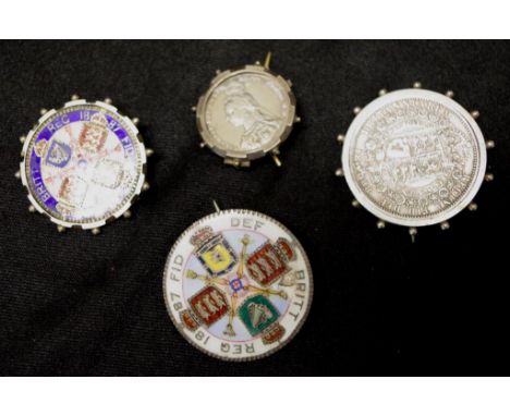 Four various Queen Victoria commemorative coins including 2 various commemorative enamel and silver 1887 medallions; an 1887 