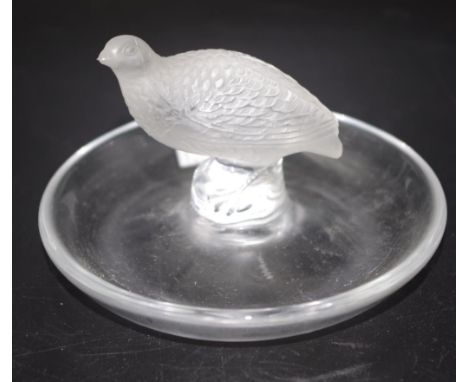 Lalique crystal Quail figure ring dish inscribed mark to base, (diameter 10cm approx).
