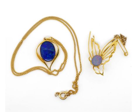 9ct yellow gold butterfly brooch set with a triplet opal. Marked 9ct. Approx weight 3.45 grams. As well as gold clad vintage 