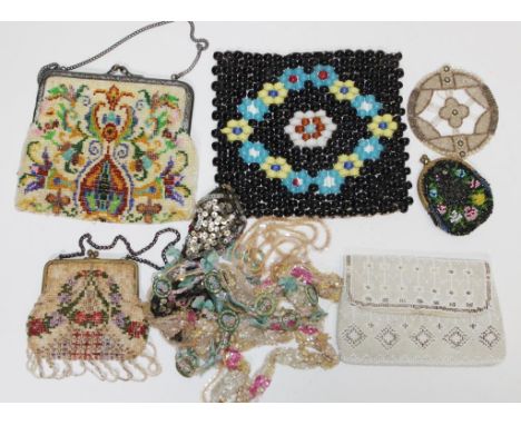 Four vintage ladies beaded purses together with a bead teapot trivet, and a bag of beaded patches and braids