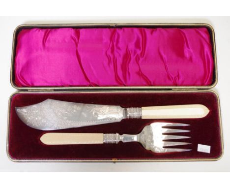 Vintage cased silver plate serving knife &amp; fork composition bone handles, to engraved silver plate blade and tines, in or