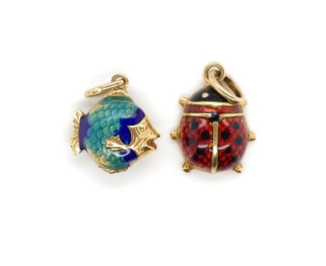 Two 18ct gold and enamel charms includes a lady bird and a fish with some wear. Approx weight 2.27 grams