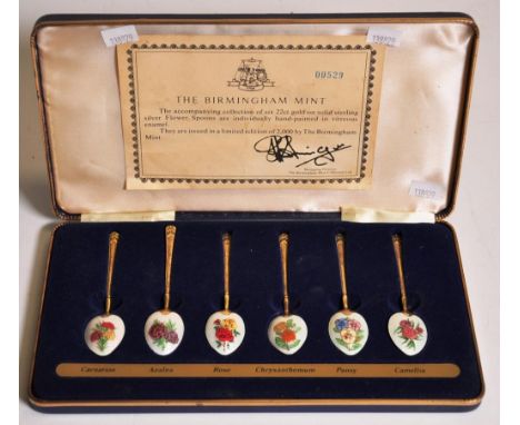 Boxed sterling silver &amp; enamel flower spoons hallmarked Birmingham Mint 1979, limited edition 529/2000