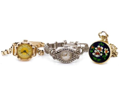 Three ladies watches includes a marcasite set mechanical wind 17jewel swiss made Candino, a art deco manual wind in a rolled 
