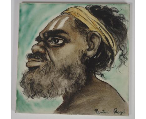 Martin Boyd square ceramic tile decorated with an aboriginal figure and signature lower right, 15cm x 15cm approx