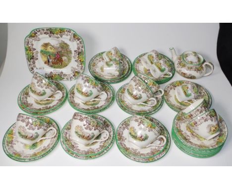 Extensive Spode 'Byron' tea set including 9 teacups, 18 saucers, 5 coffee cups, 11 side plates, 6 coffee cups, a teapot, and 