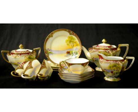 Early Noritake 15 piece teaset comprising teapot, creamer, lidded sugar &amp; 4 trios, hand decorated lake scene &amp; gilt h