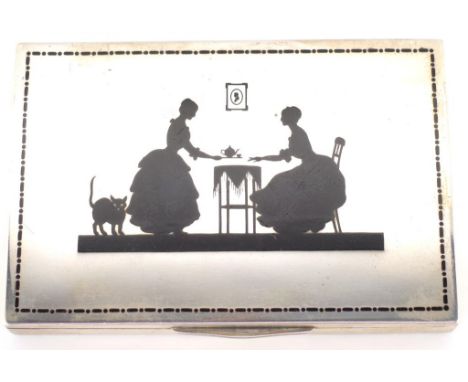 Sterling silver and enamel silhouette box hinged box with scene of ladies having tea. Rubbed mark to lip Approx 120 grams, le