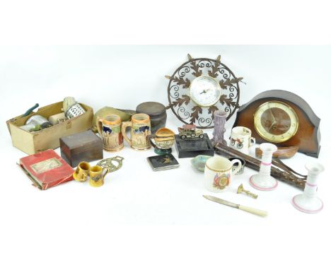 An oak cased mantel clock with chiming movement, 21cm high, a barometer and other items