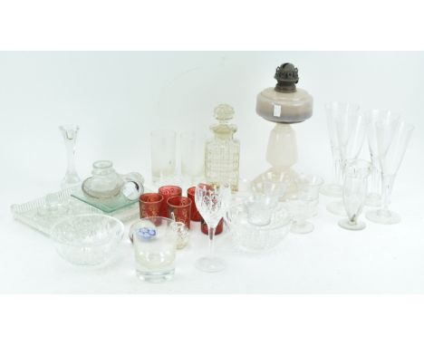 An opaline glass oil lamp base, 34cm high, and other glassware items 