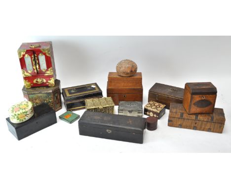 A late 18th century satinwood and walnut tea caddy, 12.5cm high together with other boxes and tins
