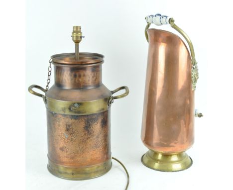 A small copper milk churn (fitted as a lamp),38cm high, and a copper coal scuttle, 48cm high