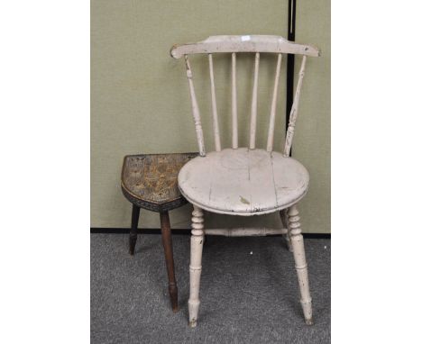 A painted stickback chair and a stool with tripod legs
