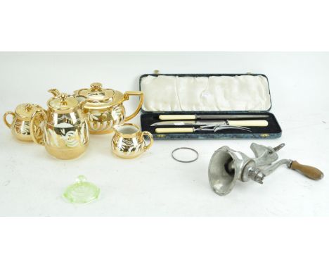 A gold lustre teapot and other items