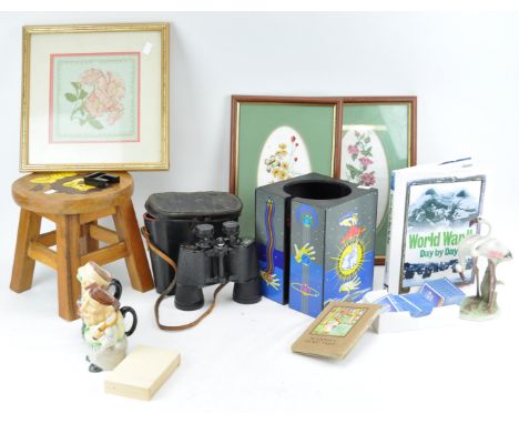 A child's stool the top decorated with a lion, 25cm high, binoculars, tapestry and other items