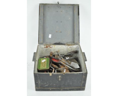 A wooden box, 31cm wide, containing a selection of  tools