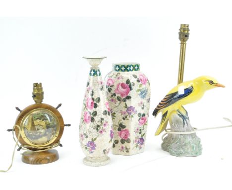 A pottery bird lamp, overall 38cm high, another lamp and two vases