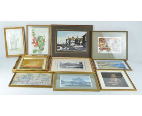 A print after Carol Few of a dog on a footstool in decorative gilt frame, overall 35cm x 30cm and other prints