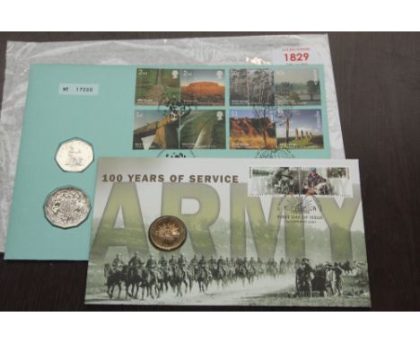 AUSTRALIA DUO OF NUMISMATIC COVERS WITH 2005 50p and Austrailan 50c.
Also 2001 1 dollar 100 years of army