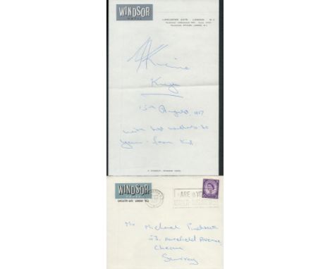 Kip Keino, a signed note on Windsor Hotel, Lancaster Gate, London notepaper, dated 15th August 1967, complete with envelope. 