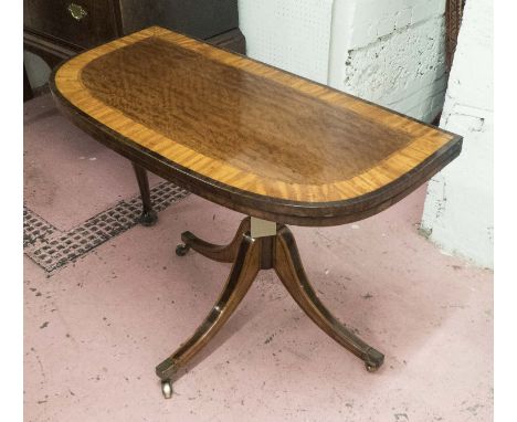 CARD TABLE, George III mahogany and satinwood crossbanded, inlaid column and fold out tripod support, attributed to Gillows, 