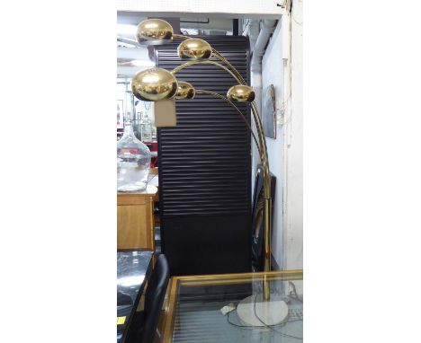 STANDARD LAMP, in brass effect finish with five swept branches on a circular marble base, 194cm H.